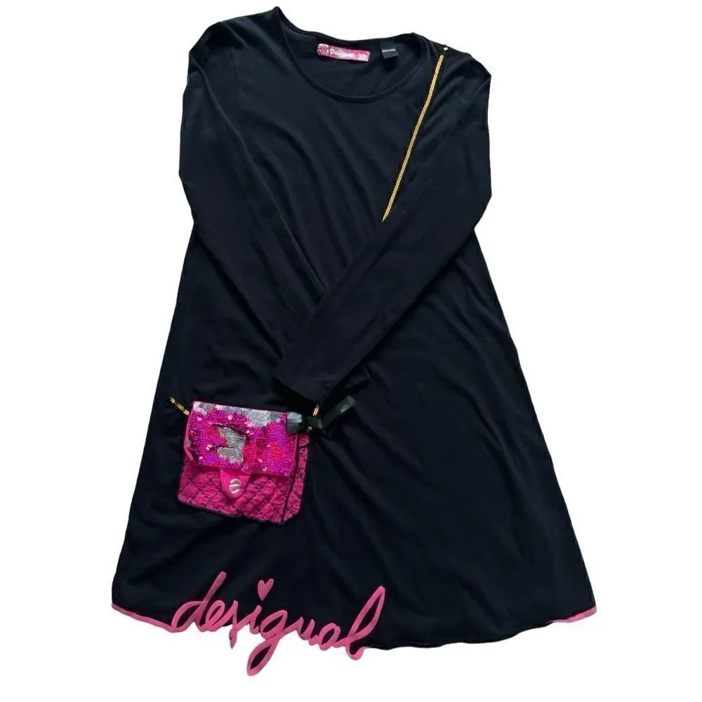 DESIGUAL  Girls Black Pink Embellished Long Sleeve 100% Cotton Dress Size 13/14